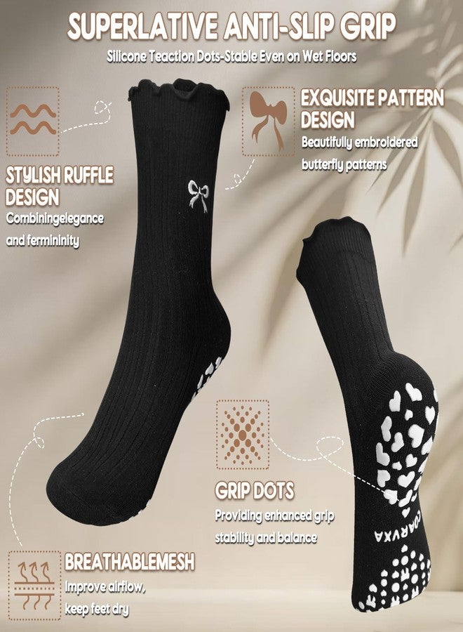 COARVXA 4 Pairs Cute Pilates Grip Socks for Women Ruffle Frilly Bow Embroidery Non Slip Grip Socks for Yoga, Barre, Barefoot - Image 3